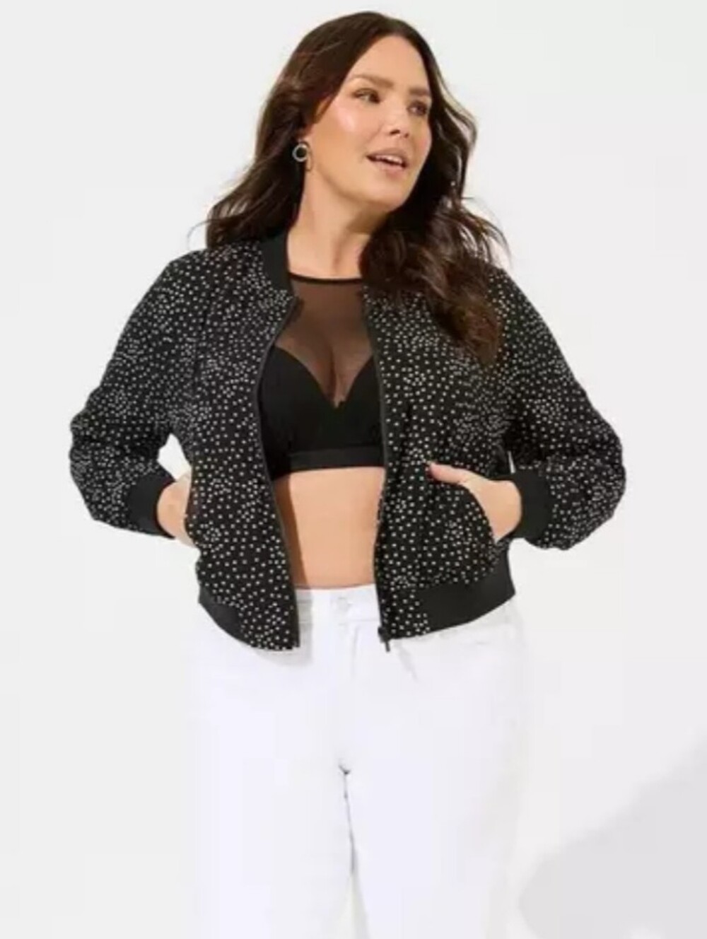 Torrid Polka Dot Chiffon Bomber Jacket Black White Coat Preppy Nautical 2 2X